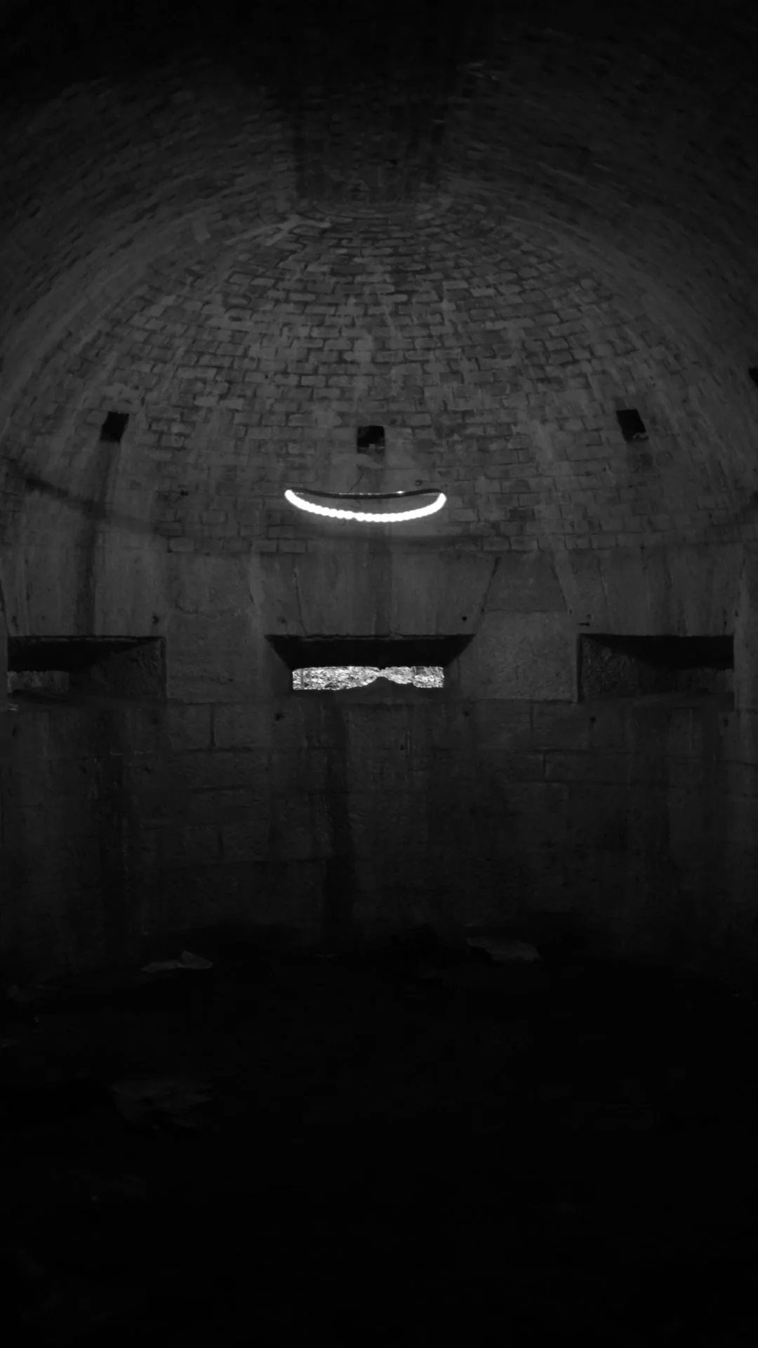 Dark vaulted bunker with a single curved ring of light