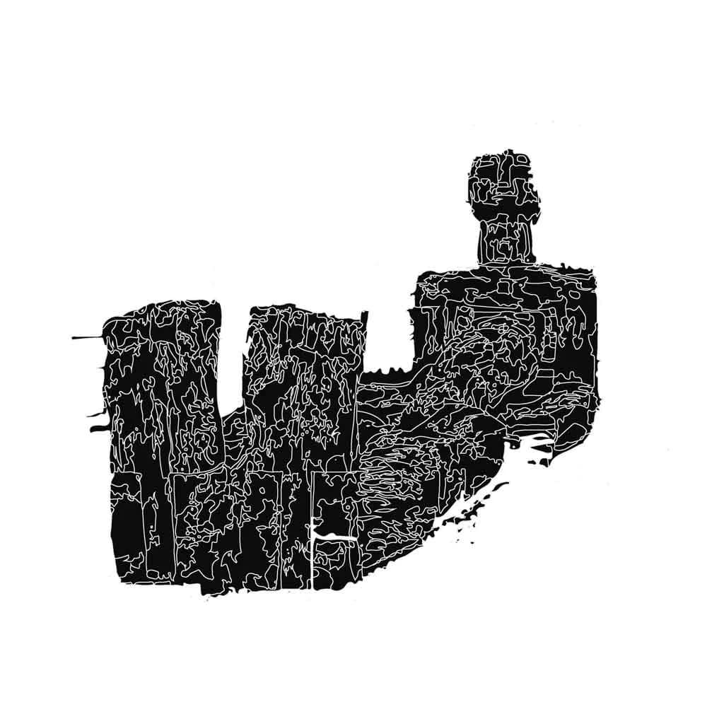 Black cut-out illustration of a castle ruin on white