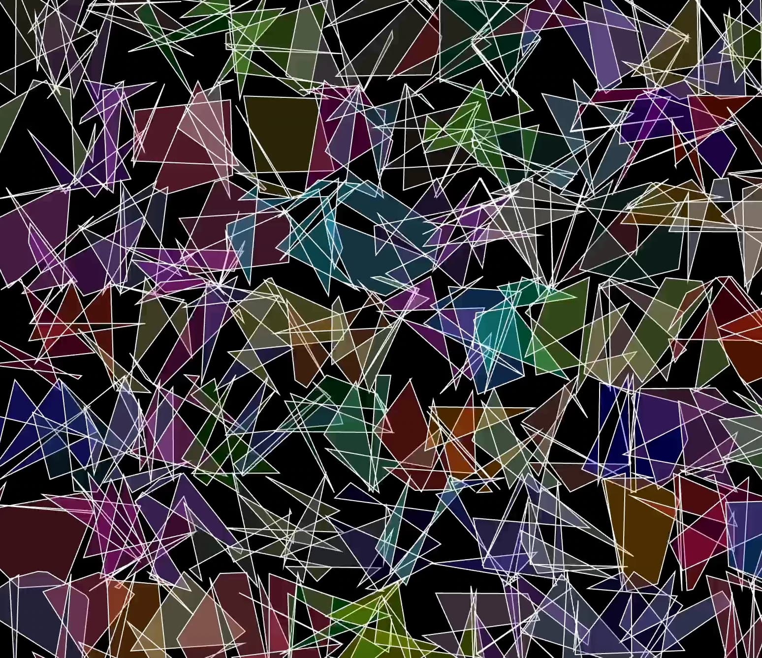 Code experiment after Vera Molnár: colourful overlapping triangles and white lines on black