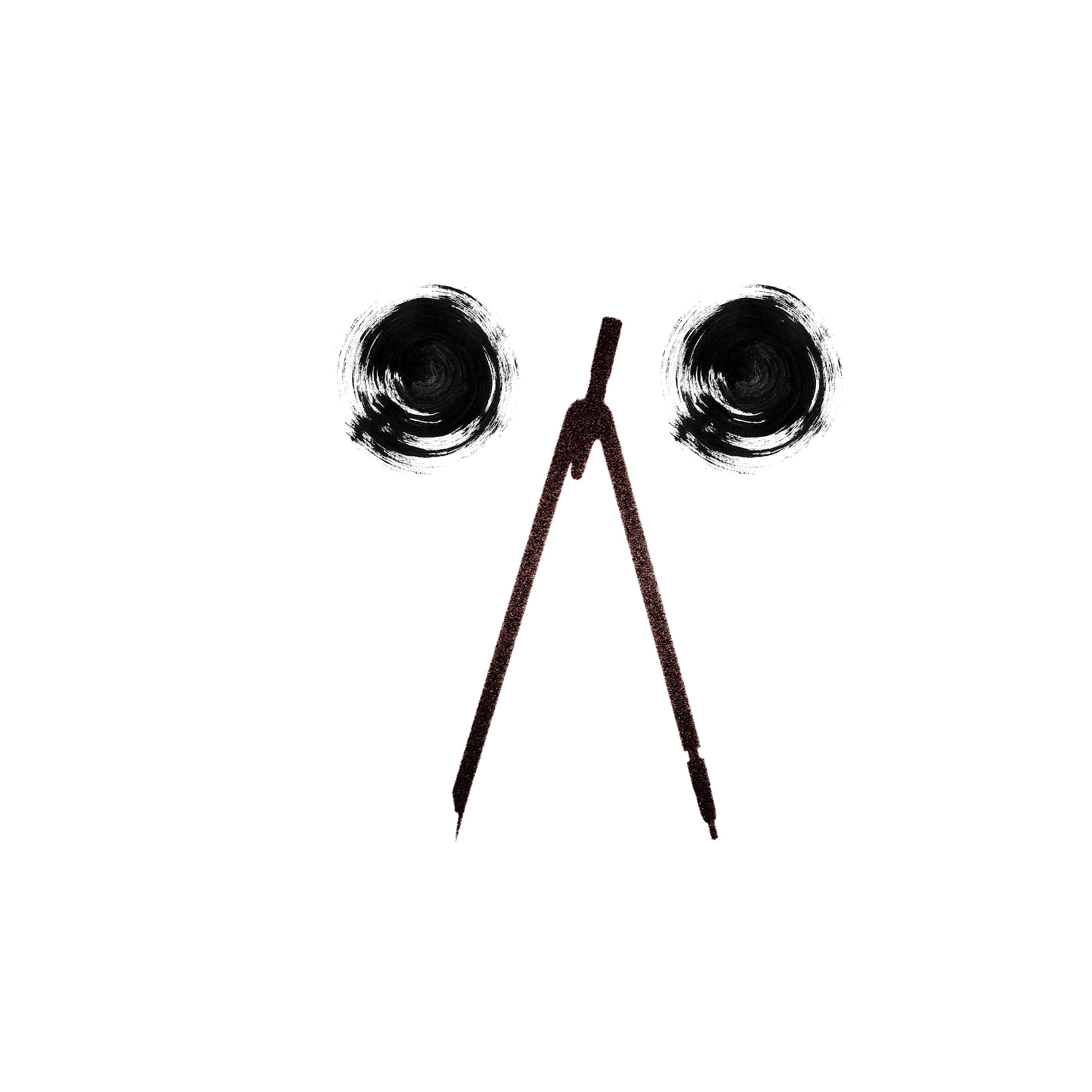 Brush-ink illustration of a drawing compass with two black round forms
