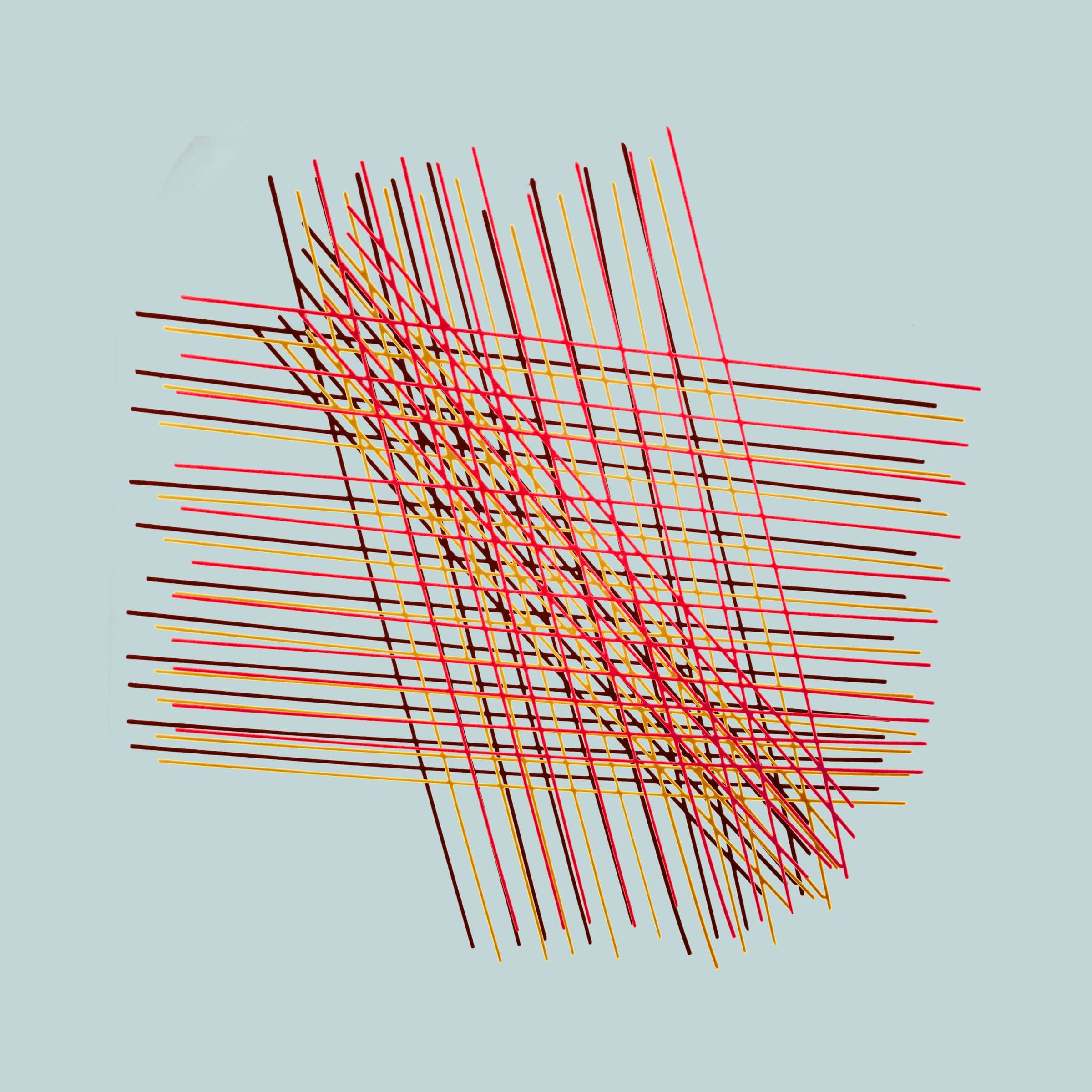 Red, orange and black lines crossing at angles on a pale blue ground