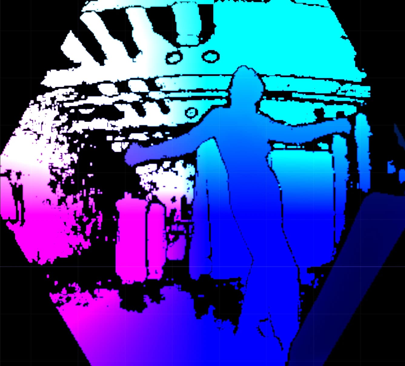 Depth-camera image of a person in a hexagonal frame, blue to magenta gradient