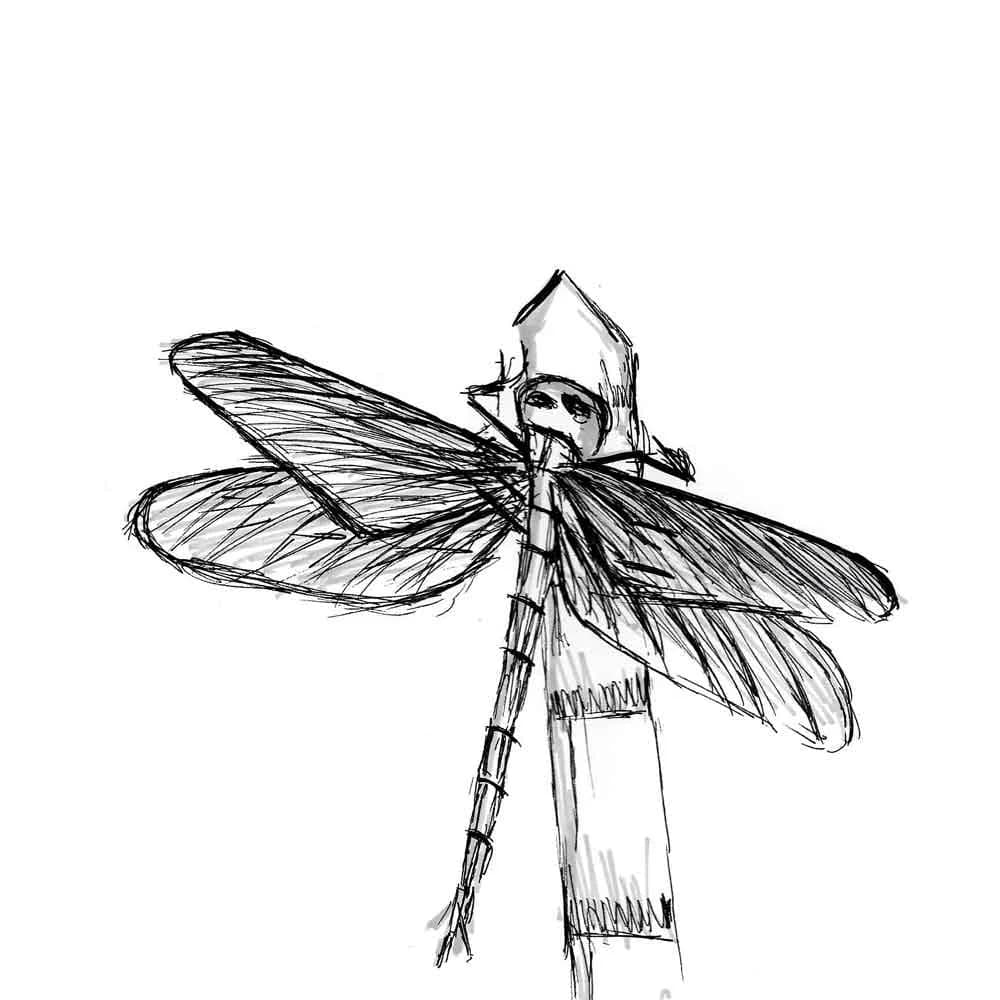 Detailed ink drawing of a dragonfly