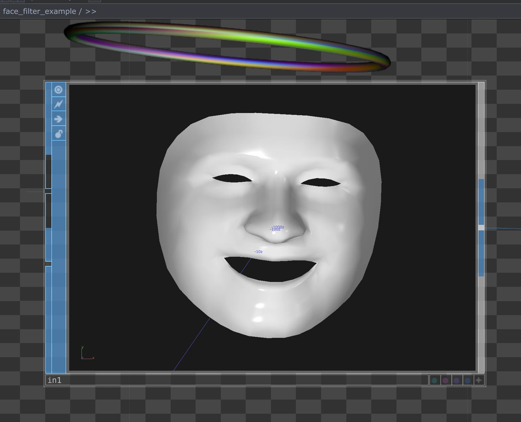 3D face mask in an editor viewport with a rainbow ring above it