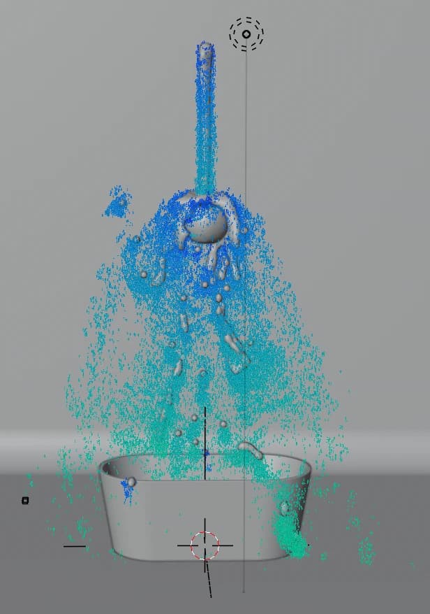 Particle fluid simulation pouring from a pitcher into a pot
