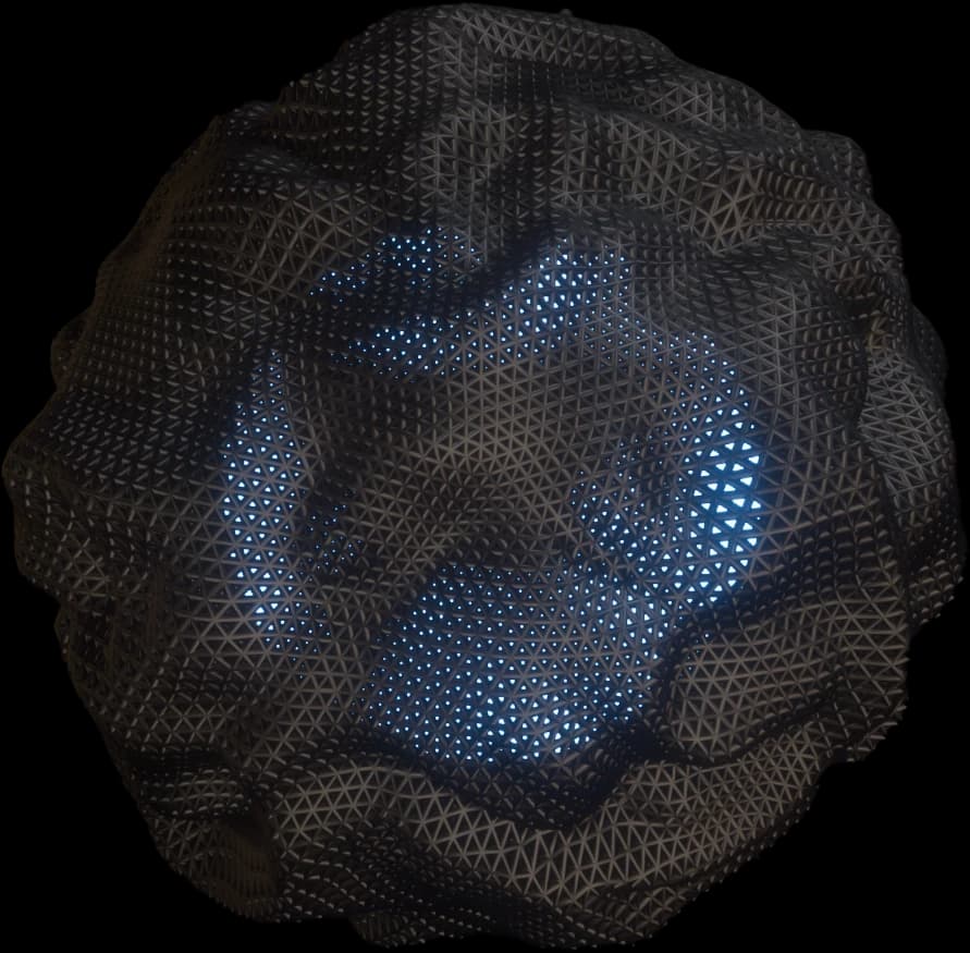 Dark knit-textured sphere with a glowing blue interior