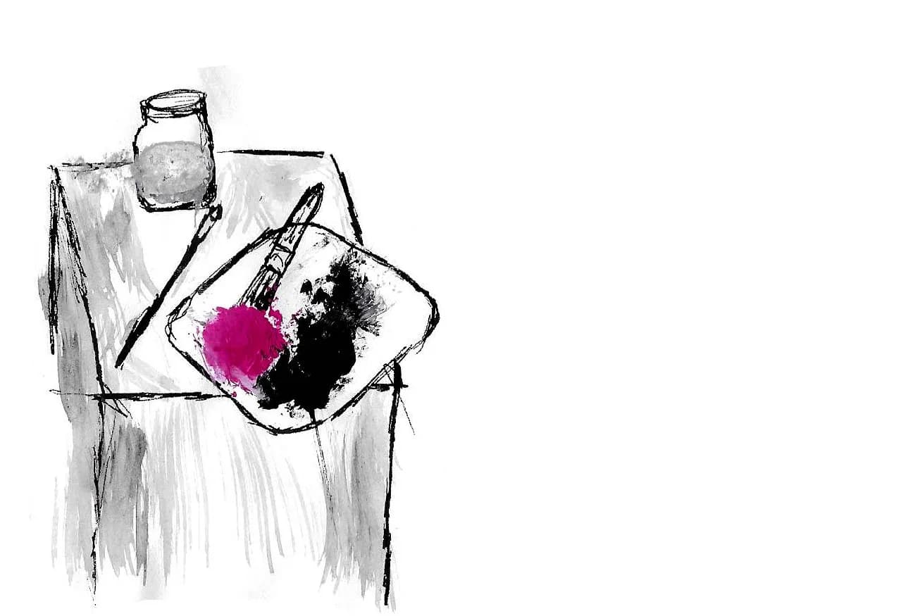 Sketch of a jar and a paint palette on a table with a pink paint stroke
