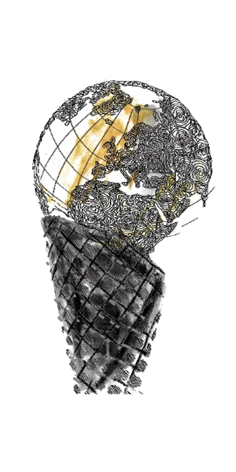 Illustration of a melting globe in a waffle cone, built from dense pattern work
