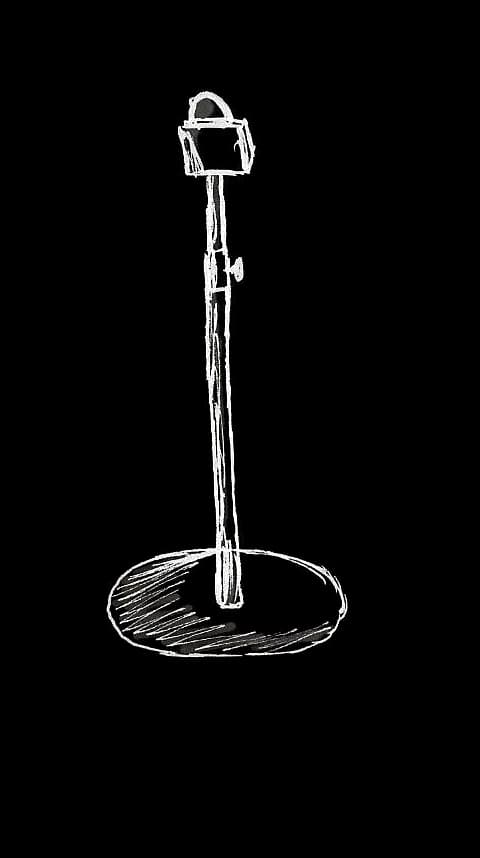 White line drawing of a microphone stand on black