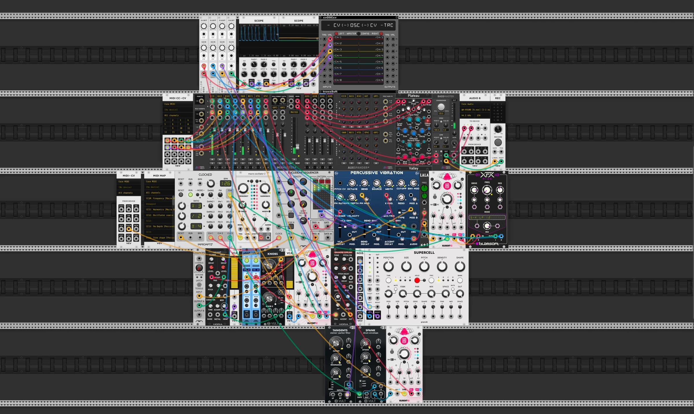 Modular synthesizer patch in a virtual rack