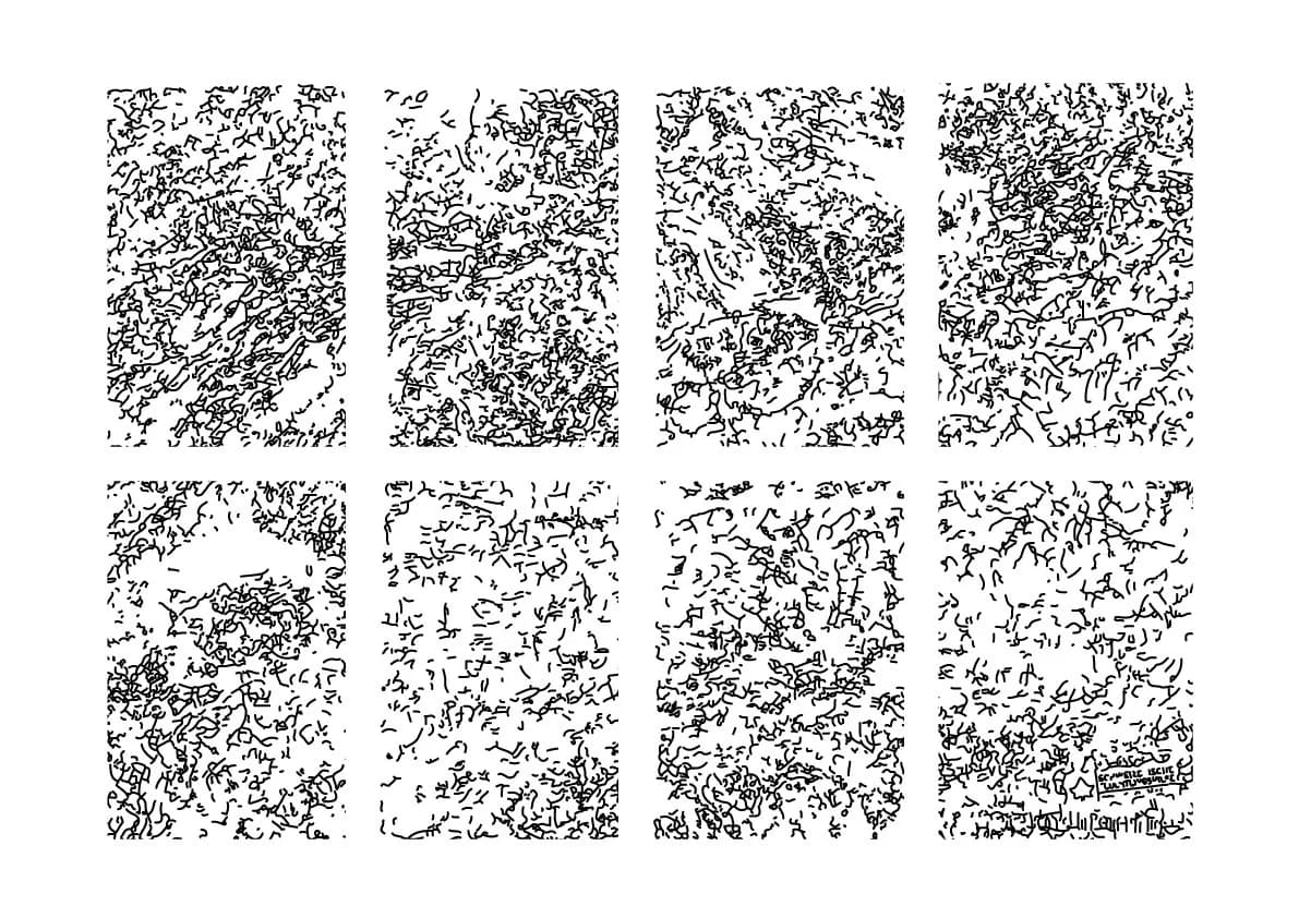 Eight black-and-white noise-pattern prints in a grid