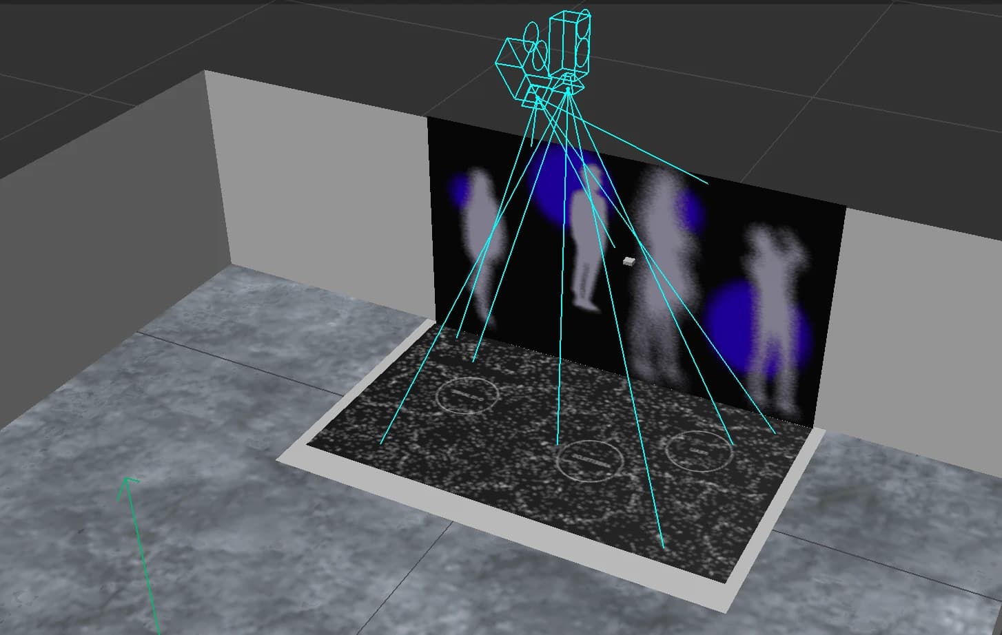 3D previsualisation of a projection installation with four figures on a floor