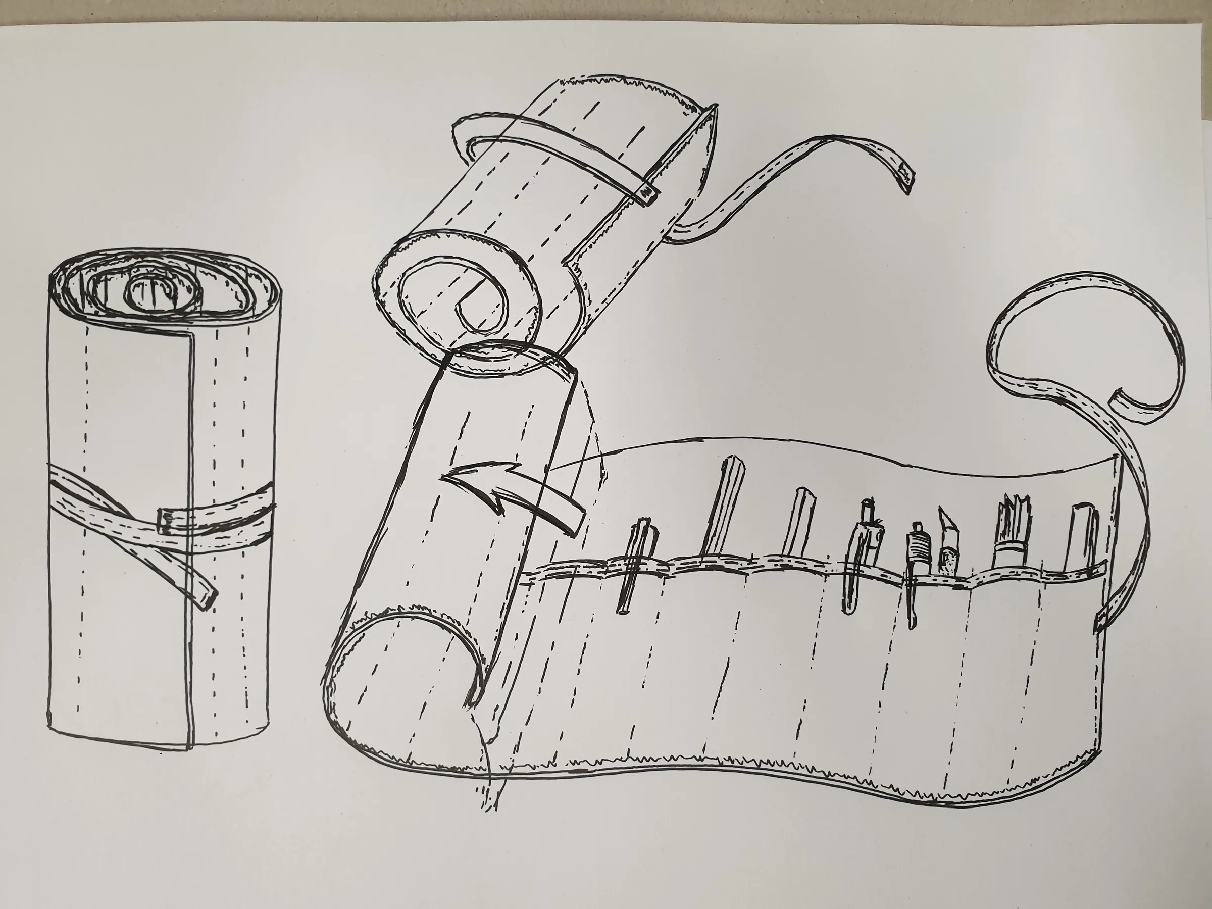Pencil sketch of a rolled scroll with slots for tools