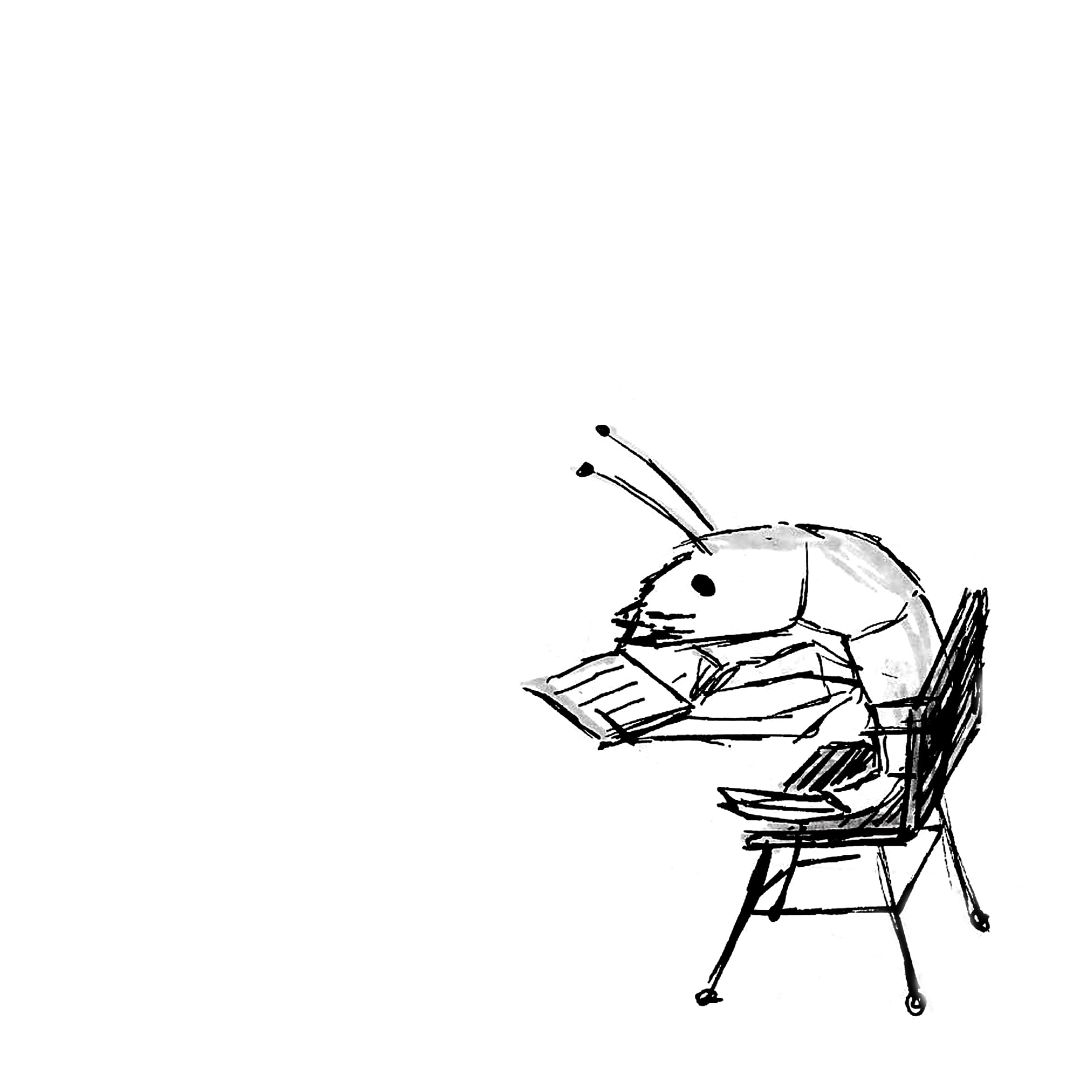 Ink sketch of a shrimp reading a book on a chair