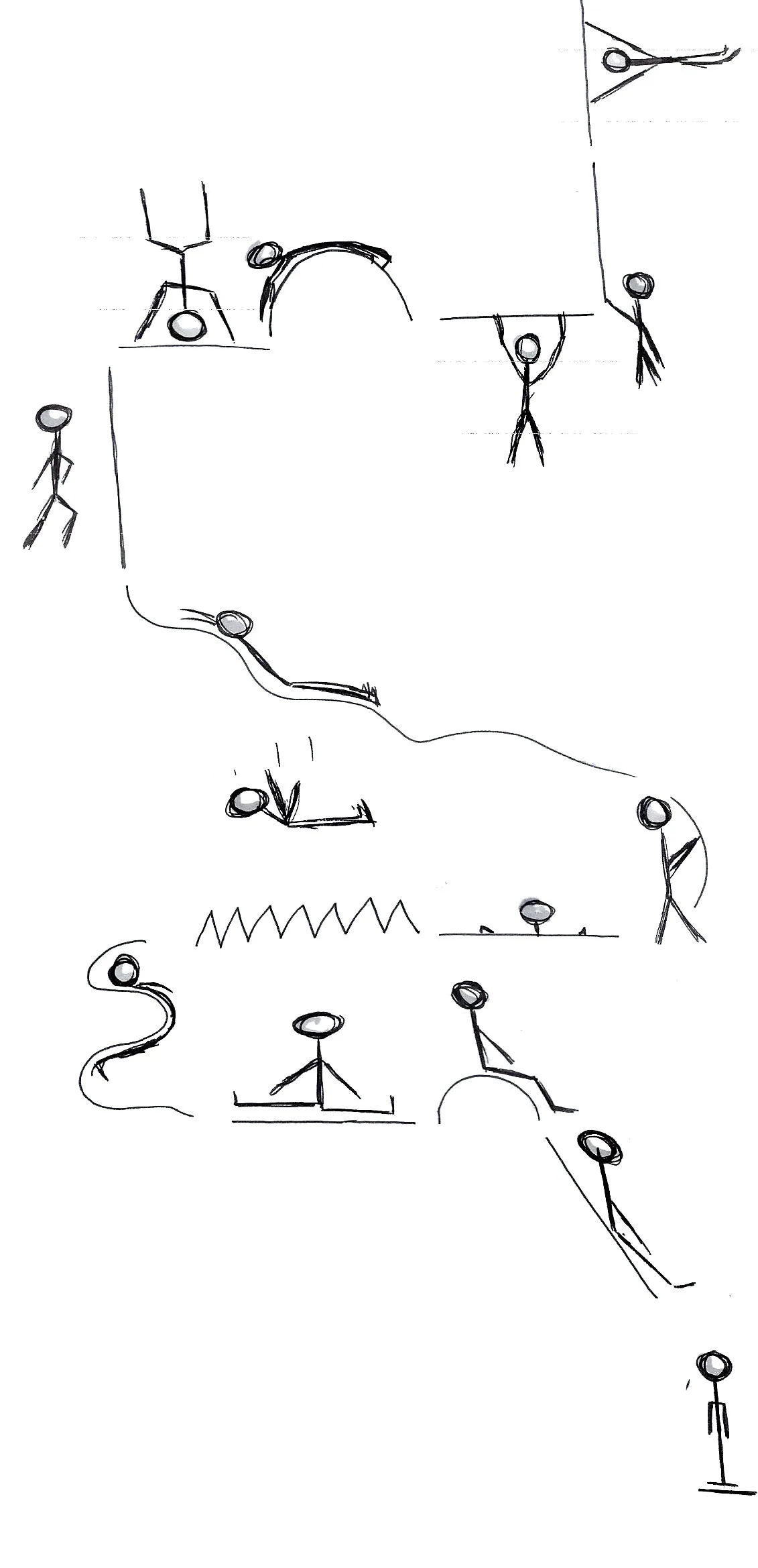Stick-figure storyboard sketch of figures climbing, balancing and sliding along a path