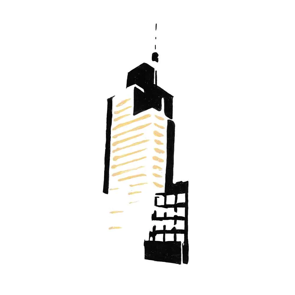 Black and cream block illustration of the Sulzer Hochhaus high-rise tower