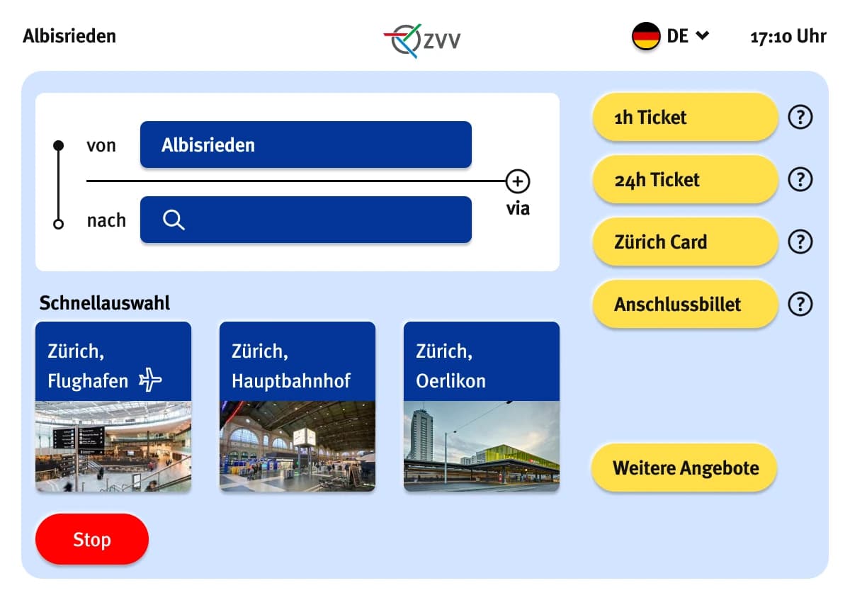 Public-transport ticket machine interface with blue buttons and station shortcuts