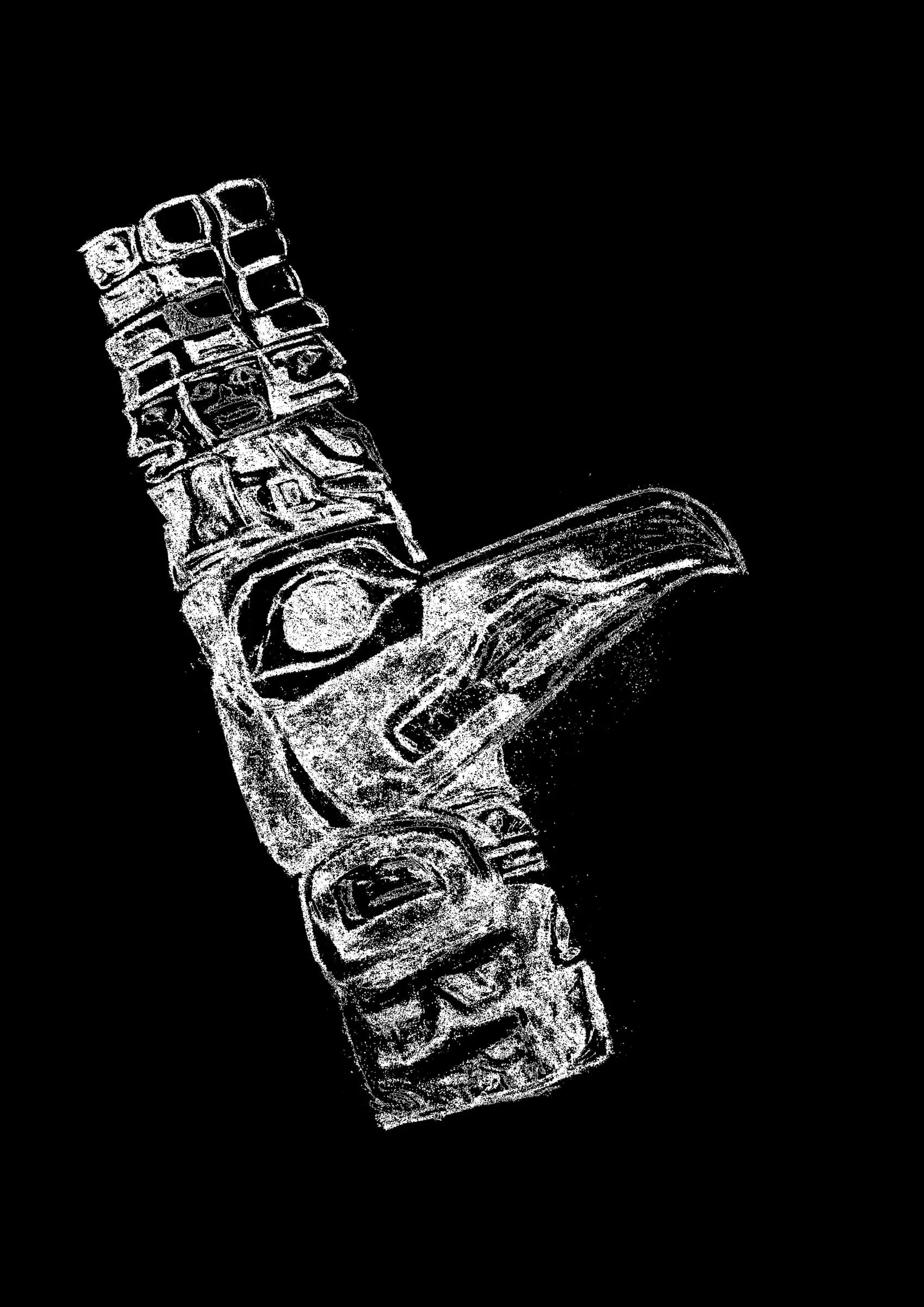 White-on-black graphic of a carved totem figure with a bird head