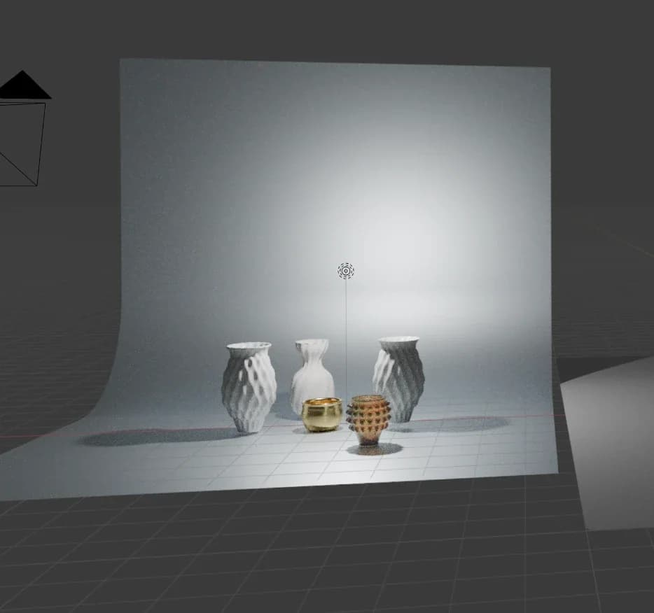 3D render of five vessels on a curved studio backdrop: three white vases, a gold bowl and a spiked copper cup