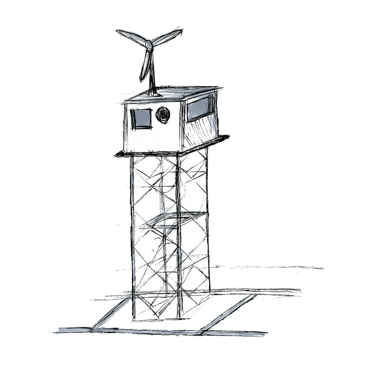 Ink sketch of a lookout tower with a small wind turbine on top